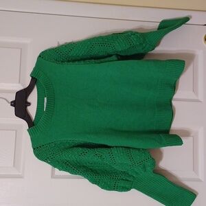 Fate, sz S, (runs big) green, 100% cotton sweater with crocheted juliet sleeves.